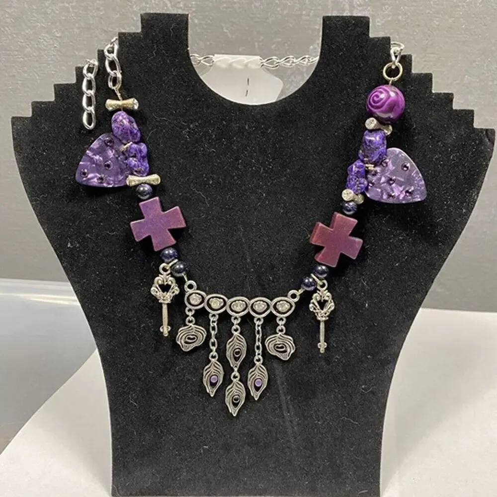 Handmade Purple Cross Statement Necklace Peacock Feather Charms Boho Gothic OOAK